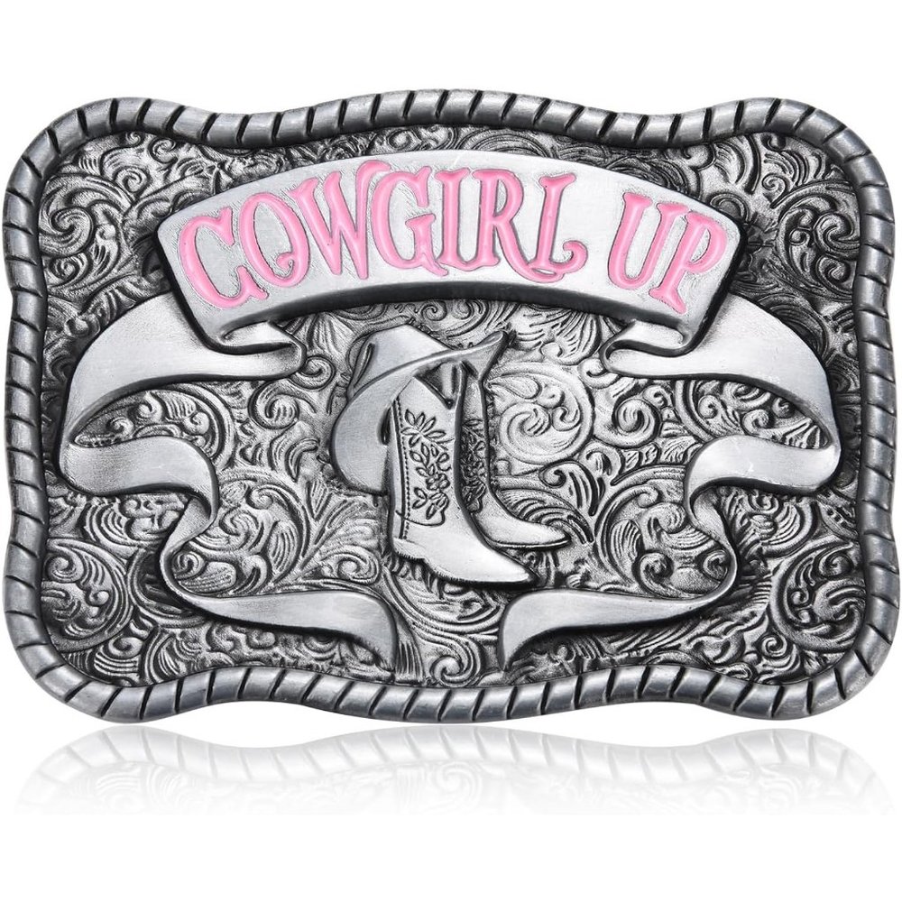 Women Cowgirl Up Western Vintage Oval Flower Rose Horse Rodeo Pink Belt Buckle